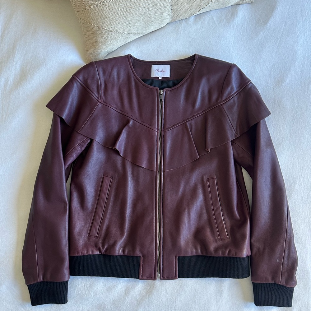 Parker Burgundy Leather Jacket with Ruffle Detail